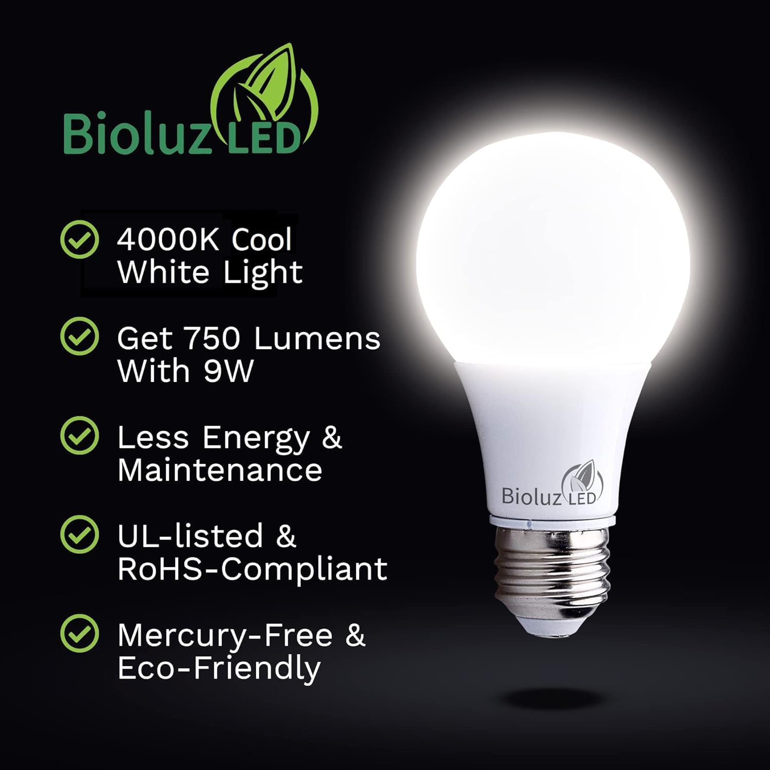 Bioluz LED 60 Watt Replacement A19 LED Light Bulbs, 4000K Cool White, Non-Dimmable, Uses 9 Watts, 750 Lumens, Indoor/Outdoor Standard E26 Base, UL Listed, 6 Pack
