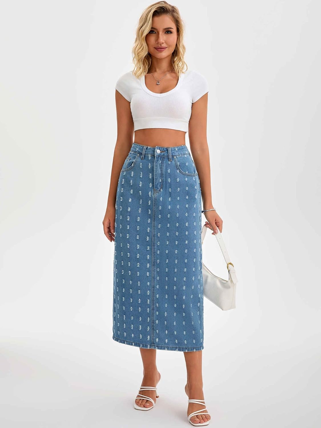 Women Long Denim Skirt Ripped Holes Back Slit Straight Midi Jean Skirts