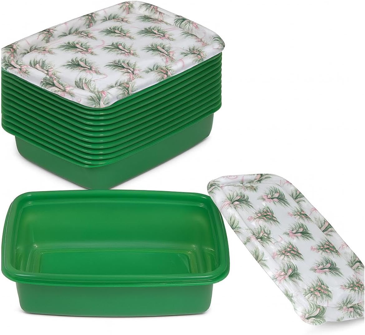 24-Piece Food Storage Container Set, Green with Floral Print Lids, Stackable Plastic Bowls with Matching Covers