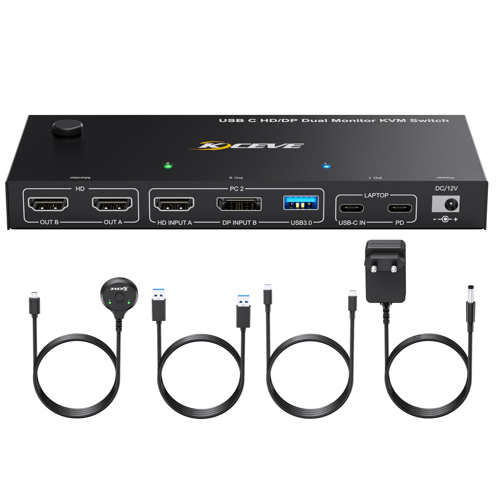 KVM Switch Laptop PC 2 Moniteur, KVM Switch 2 PC 2 Monitor USB C DP HDMI Partage 4 USB 3.0 Ports, 4K@60Hz, MST, PD 60W, Wired Remote(4K USB C DP HDMI 2 in 2 out KVM)