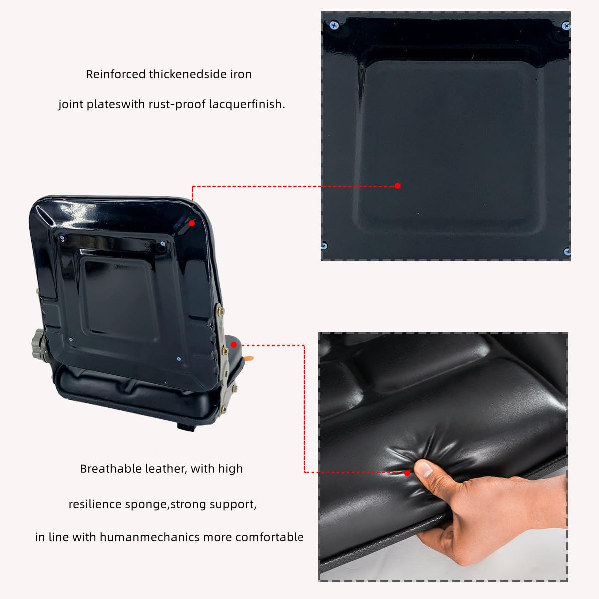 ECUTEE Forklift Seat Suspension Tractor Seat PVC with 140° Adjustable Back Angle Fits Excavator Forklift, Tractor, Skid Loader, Backhoe Dozer Telehandler Heavy Mechanical Seat Black