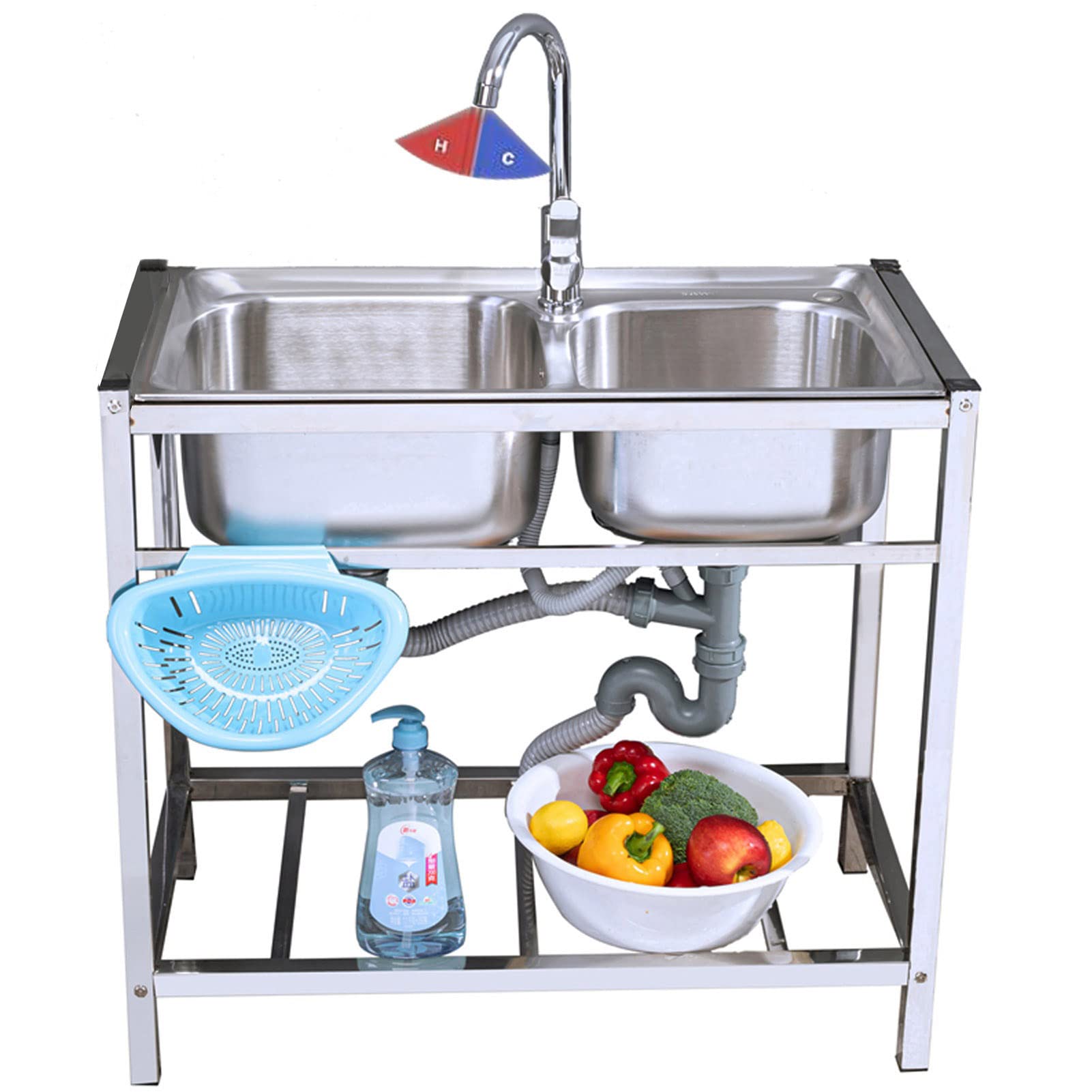 WIQUYBML Stainless Steel 2 Basin Kitchen Sink, Home Simple Laundry Sink with Cold and Hot Taps, Practical Freestanding Multipurpose Commercial for Laundry/Backyard/Garage