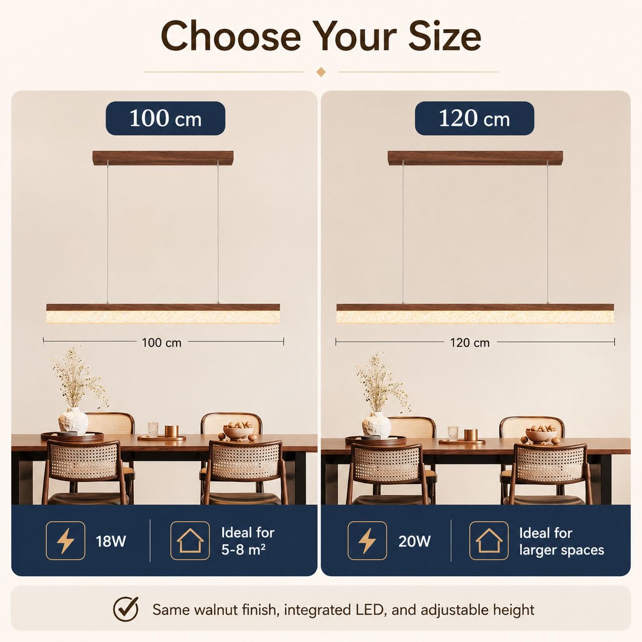 Lampadario a Sospensione LED, Lampada Lineare per Tavolo da Pranzo e Isola Cucina, Colore Noce, 3 Temperature 3000K/4000K/6000K, Altezza Regolabile 0–120 cm,120cm