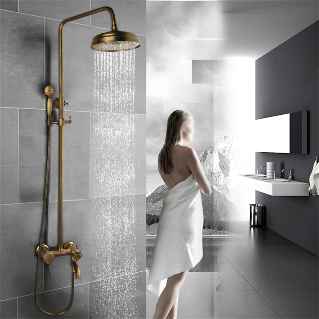 GLJTUO Brass Shower Faucets Set Wall Mount Antique Brass Shower Kit Dual Knobs Mixer Tap Handheld Spray