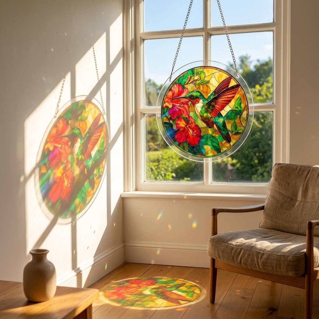 Acrylic Hummingbird Puzzles Window Hanging, 83 Piece DIY Stained Glass Style Art Decor for Home Office Garden Window Hanging, 7.87 in Hummingbird Puzzle Rainbow, DIY Puzzle Kits for Adults — view 3