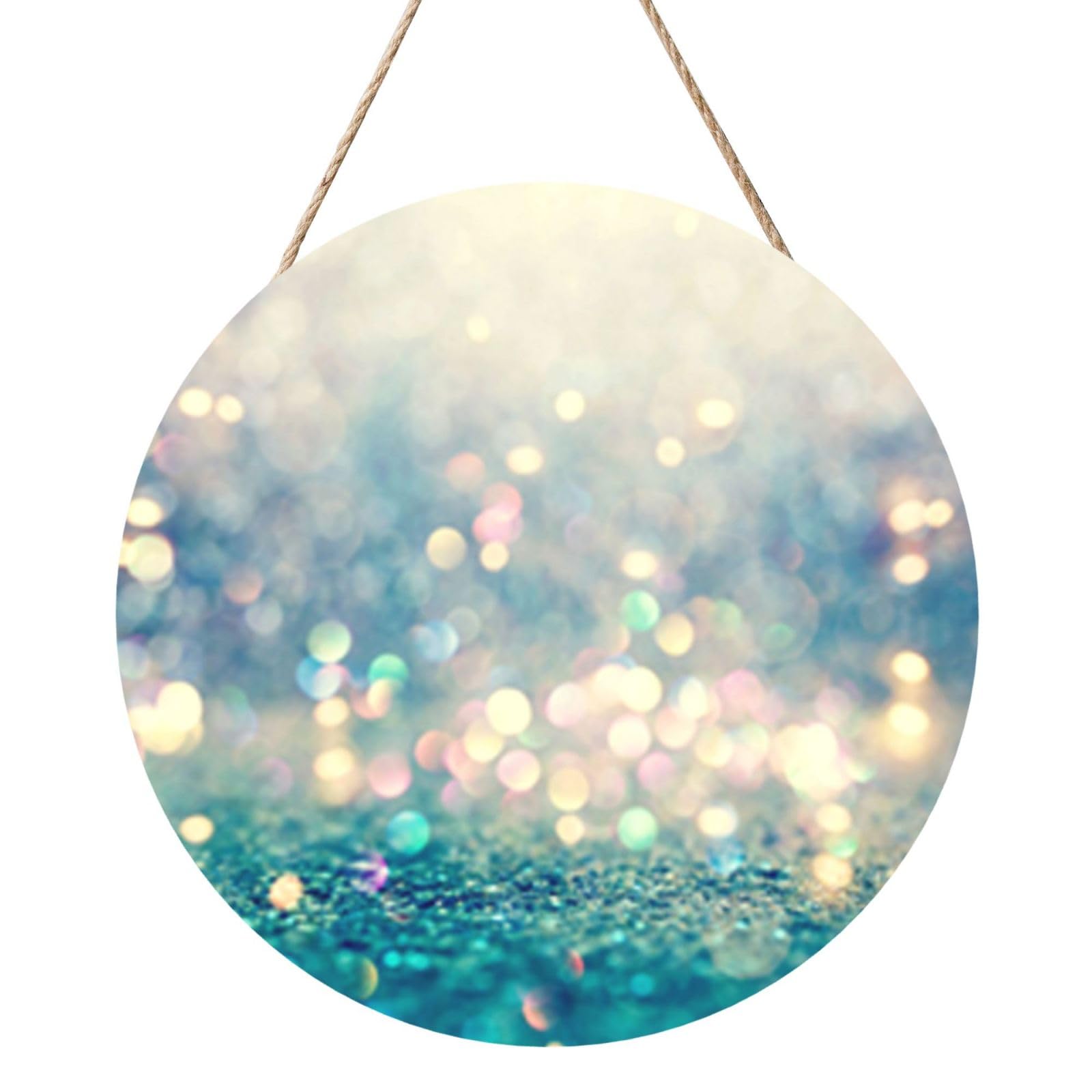 InOmak Blue Golden Bokeh Glitter Polka Dots Glitter, Round Wood Panel Painting 12 in, Wall Hanging Painting For Home