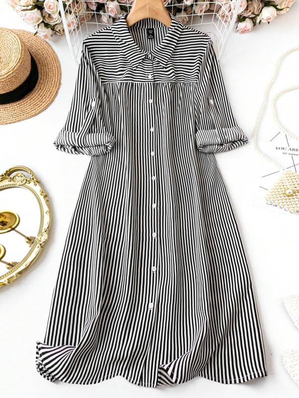 Image of Sheetal Associates Women's Black & White Vertical Striped Shirt Dress| Comfortable Relaxed Fit Summer Dress