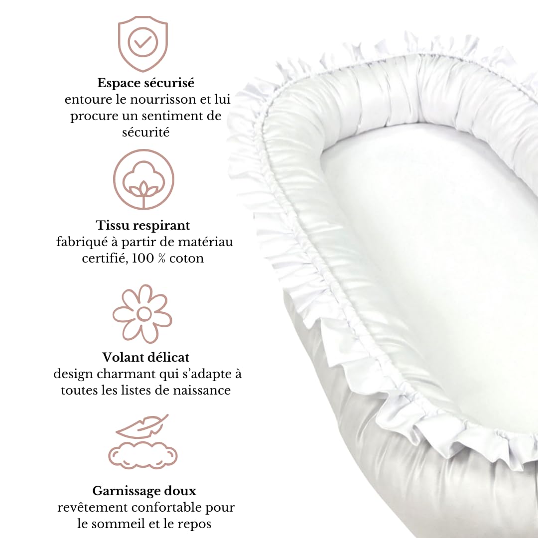 WIKLINOPOL Réducteur de Lit Bébé – Cocon Bébé 85x45 cm en Blanc avec volants – Baby Nest Portable avec Matelas – Nid Douillet Lavable en Coton 100 % – Sécurité à la Maison ou en Voyage