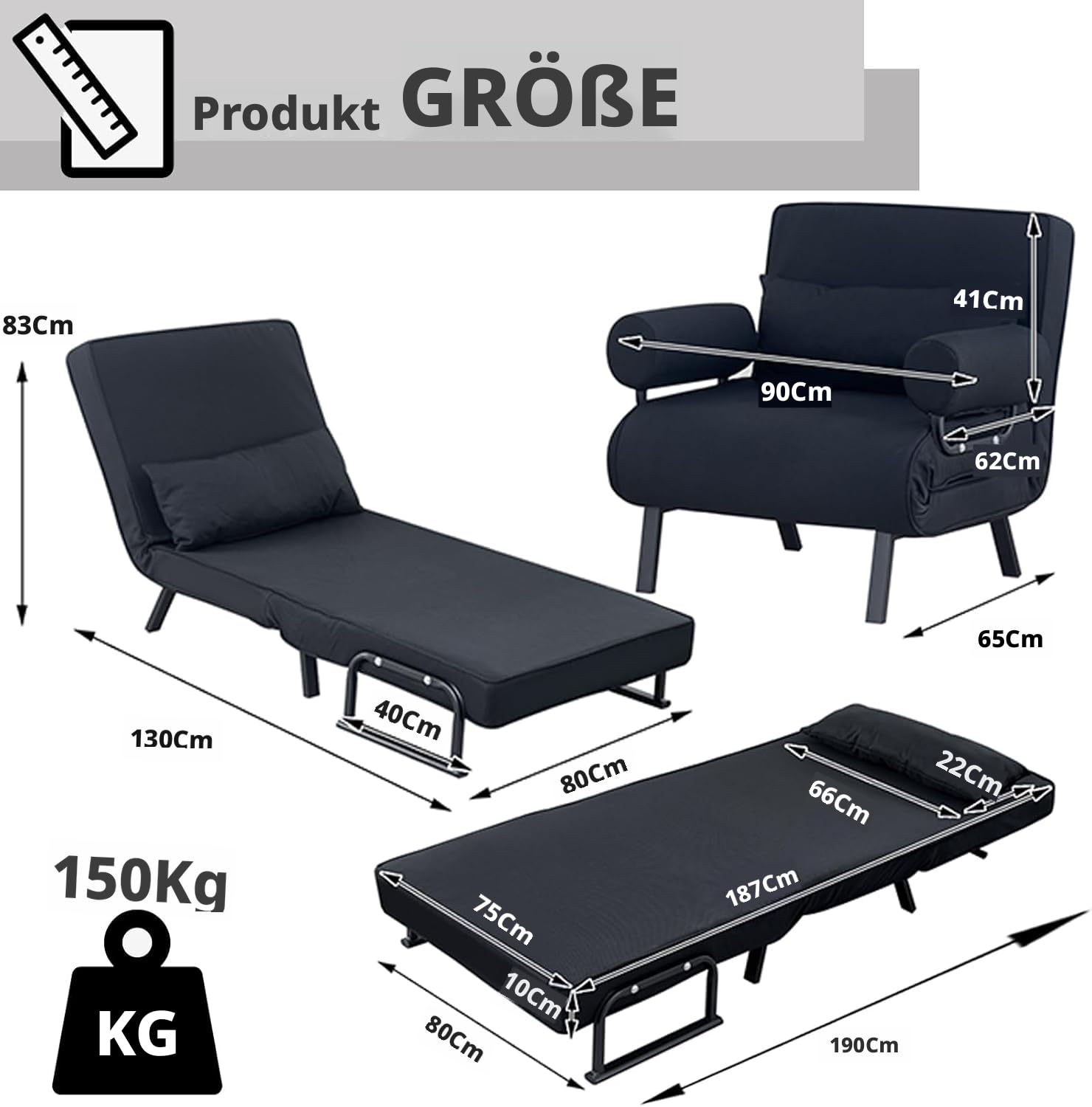 LSLIFE 4 in 1 Schlafsessel, Schlafsofa mit Bettfunktion Armlehnen & Kissen verstellbar 6-Position Rückenlehne Liegestühl Lounge Couch Guest Sleeper Sessel für Home Office ﻿ (80cm schwarz)