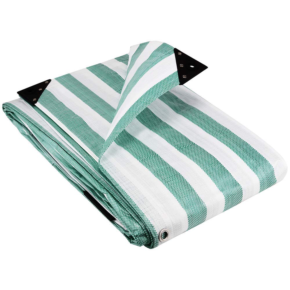 Groundmaster Green, White 170Gsm Green/White Heavy Duty Striped Tarpaulins - Waterproof Versatile Outdoor Market Stall Sheet Cover (5.5M X 7M)