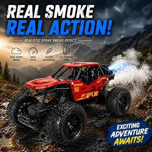 Image of RC Rock Crawler 2WD | Off-Road Monster Truck with Real Smoke Effect, Alloy Body & Rechargeable Battery | Durable Suspension | RC Car for Kids 4+ & Adults | Dark Red