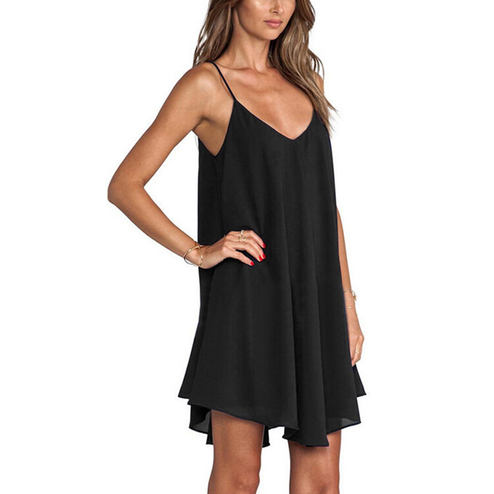 Yeeteepot Vestidos de Verano para Mujer Casual Vestido de Playa Sin Mangas Suelto Cuello en V Vestir Mini Tirantes Vestidos
