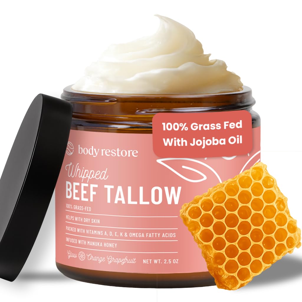 Body Restore Grass Fed Whipped Beef Tallow for Skin, Face, Body, Dry Skin – with Manuka Honey, Jojoba Oil, Birthday Gifts for Women, Men, Travel Essentials, Self Care – Citrus