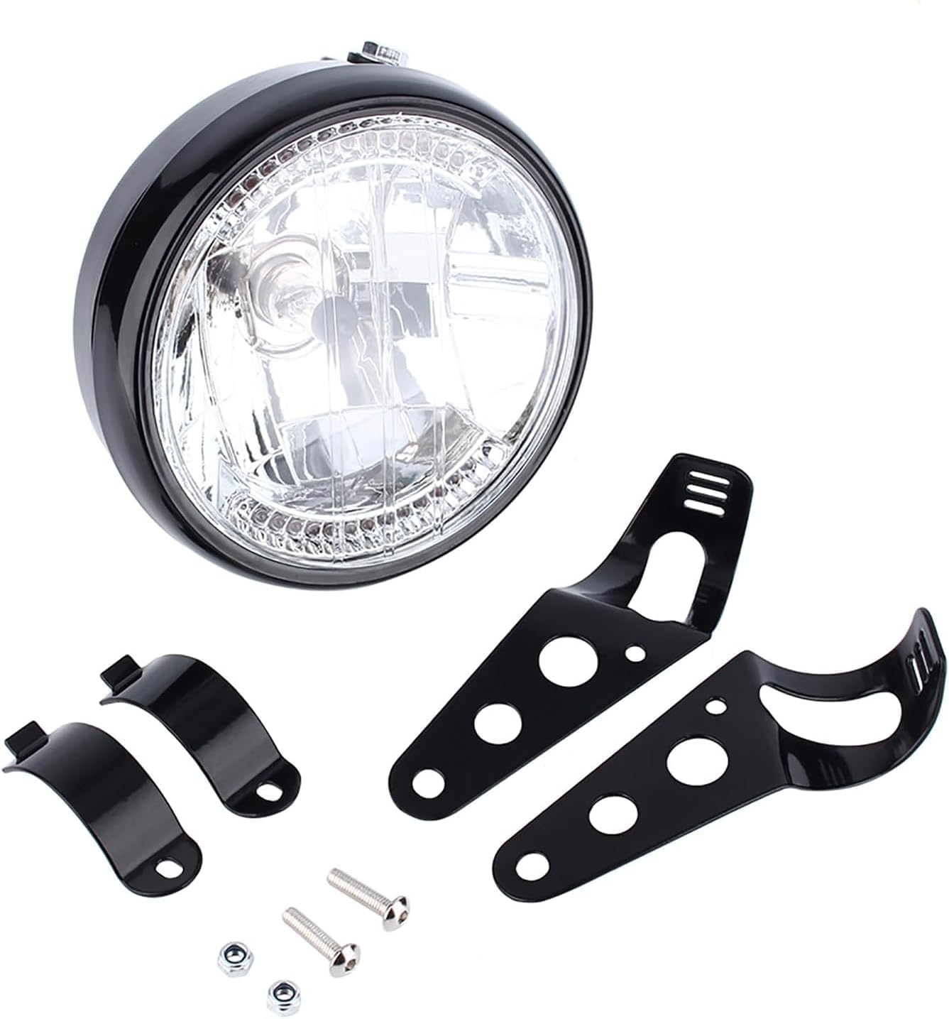 7" Universal Motorcycle Headlight,12V H4 35W Round Motorcycle Headlight with Hi/Low Beam/Yellow Turn Signal, Black Bracket, Motorcycle LED Headlight Assembly for Most Motorcycles and ATVs