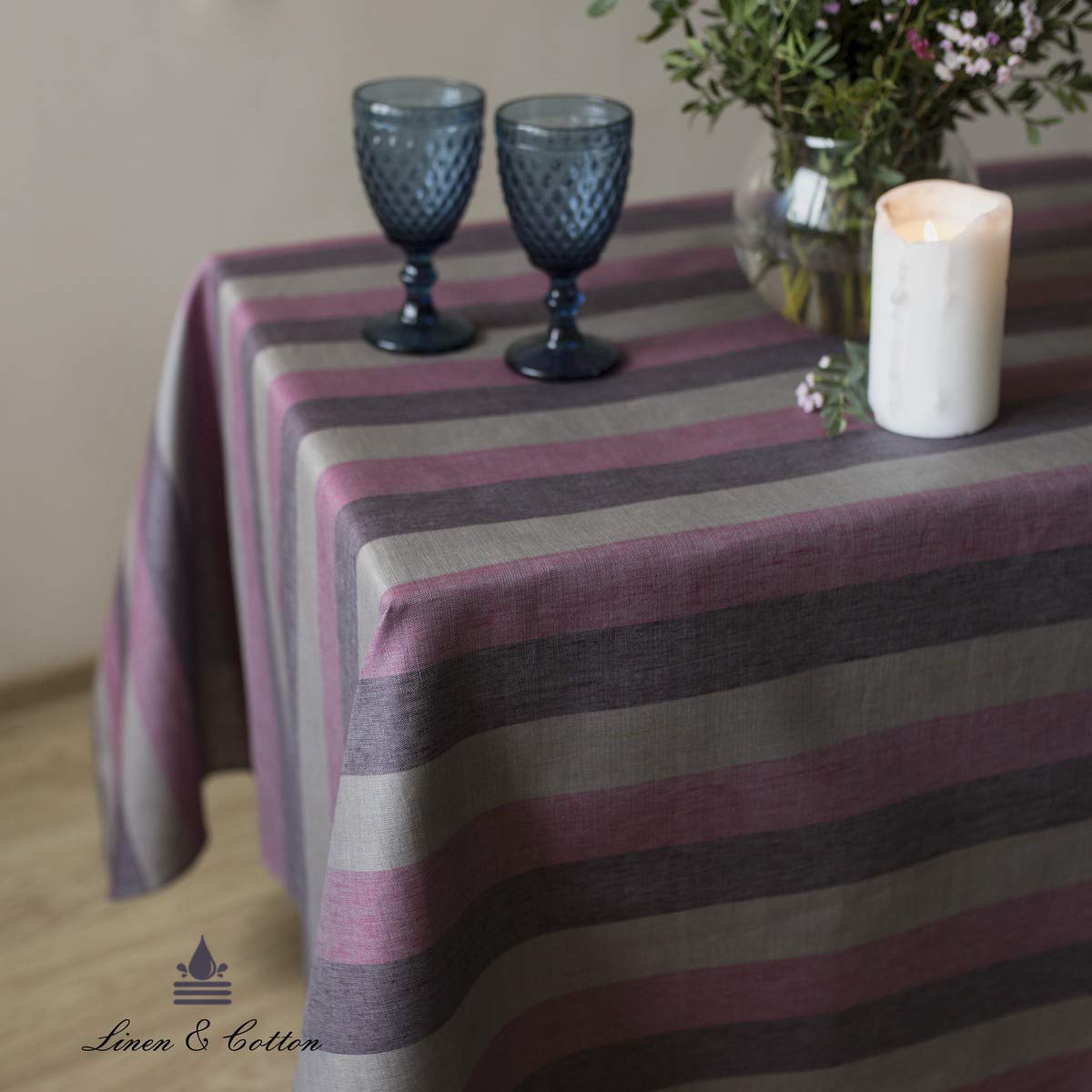 LINEN & COTTON Tovaglia da Tavola Antimacchia Impermeabile in Tela Cerata Silva - 100% Lino, Viola Rosa Grigio (147 x 250 cm) Antiscivolo Tovaglia Rettangolare A Strisce da Esterno Interno Giardino
