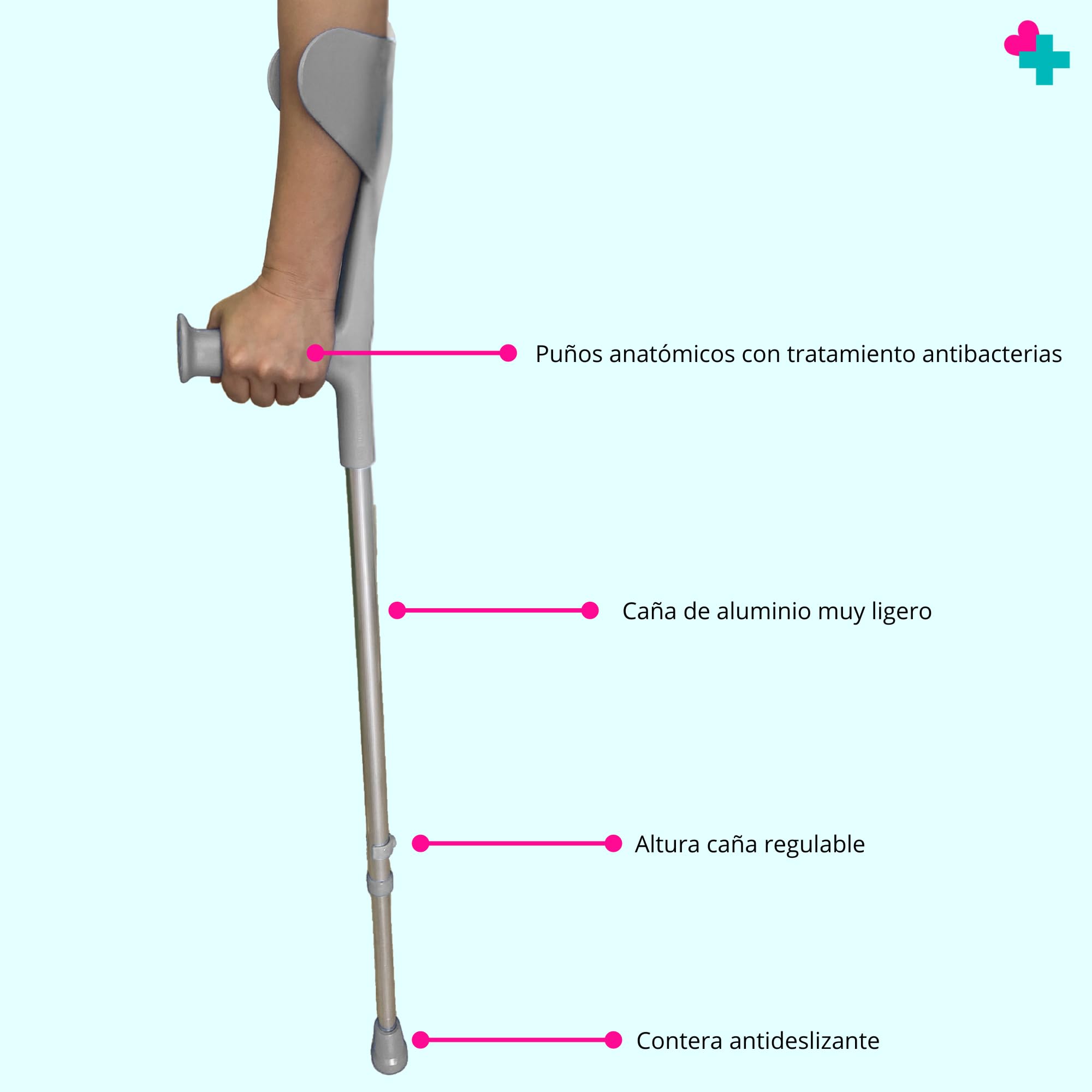 Coppia di stampelle ortopedici regolabili in altezza. Stampelle in alluminio per adulti. Stampelle ortopedici con rivestimento antiscivolo. Grigio