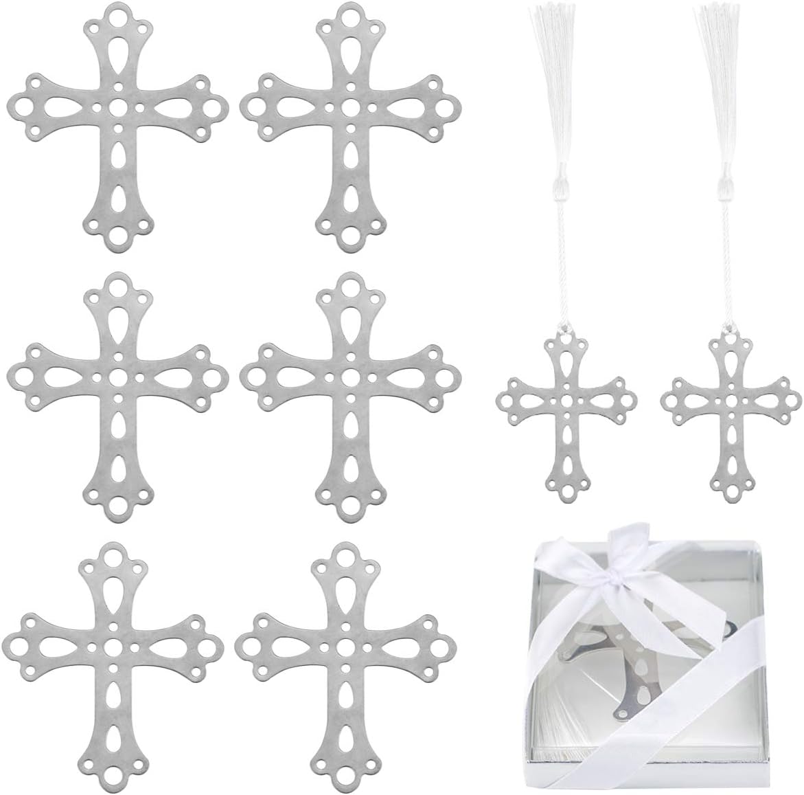 10Pack Cross Bookmark For Your First Communion, Baptism, Or Any Occasion Party Favor. Also Decorated With White Ribbon And A Thank You Tag
