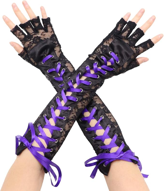 Flywife Women's Lace up Gloves Fingerless Gloves Satin Lace