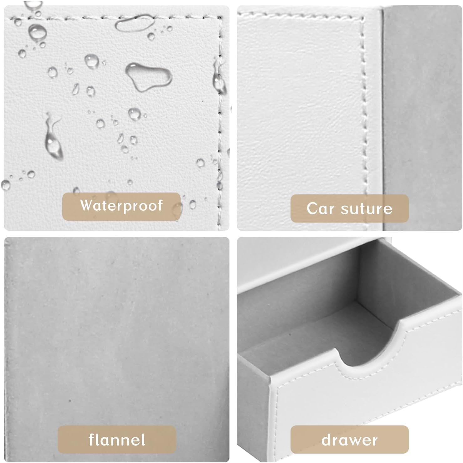 Leather Nightstand Organizer with Tissue Holder,White Square Tissue Box Cover with Organizer, Decorative Modern Facial Paper Storage Box for Bathroom Living Room Vanity Table Countertop Office