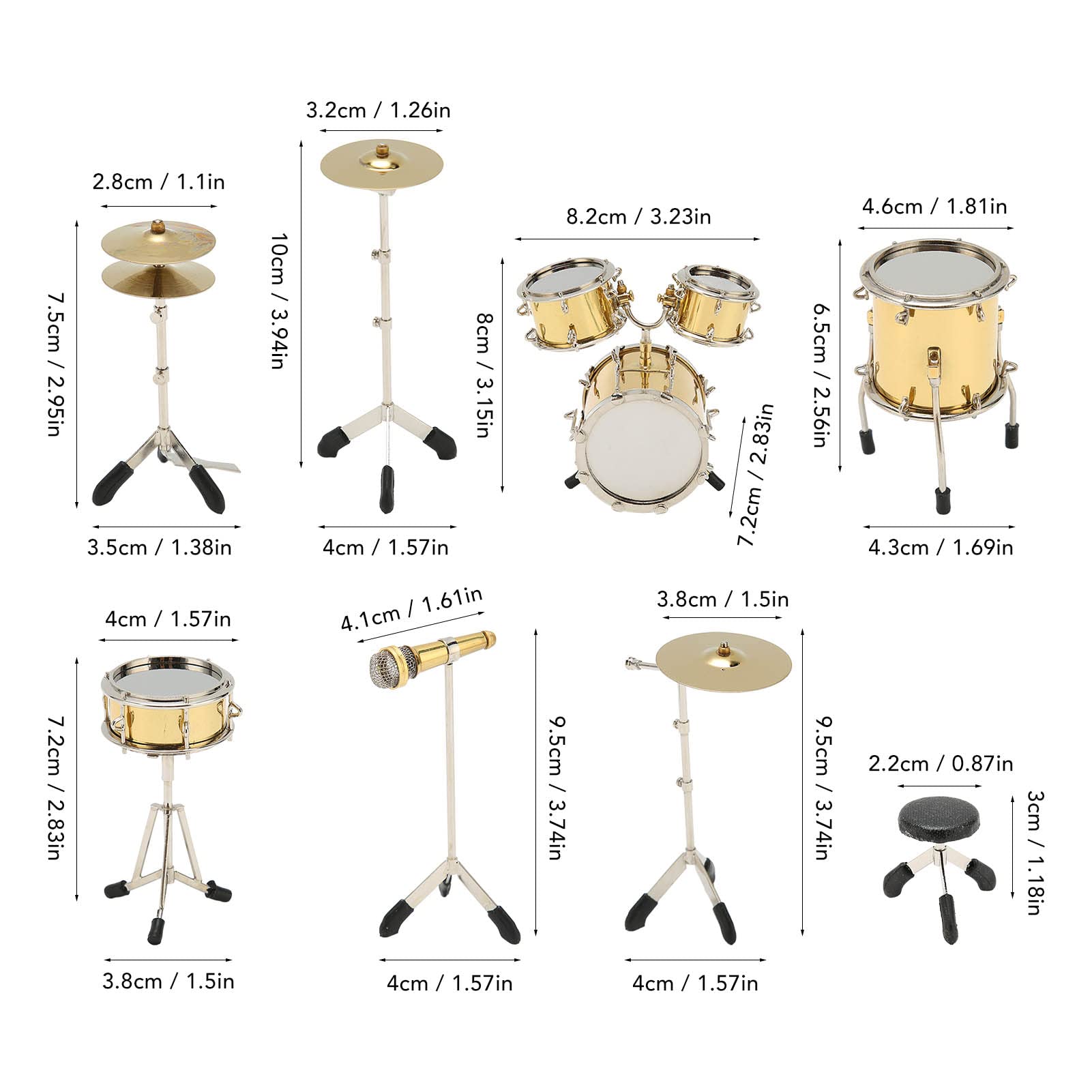 HERCHR Mini Kit De Batería De 8 Uds., Instrumento Musical En Miniatura, Juego De Batería, Decoración De Instrumentos Pequeños De Metal De Escritorio para Decoración del Hogar