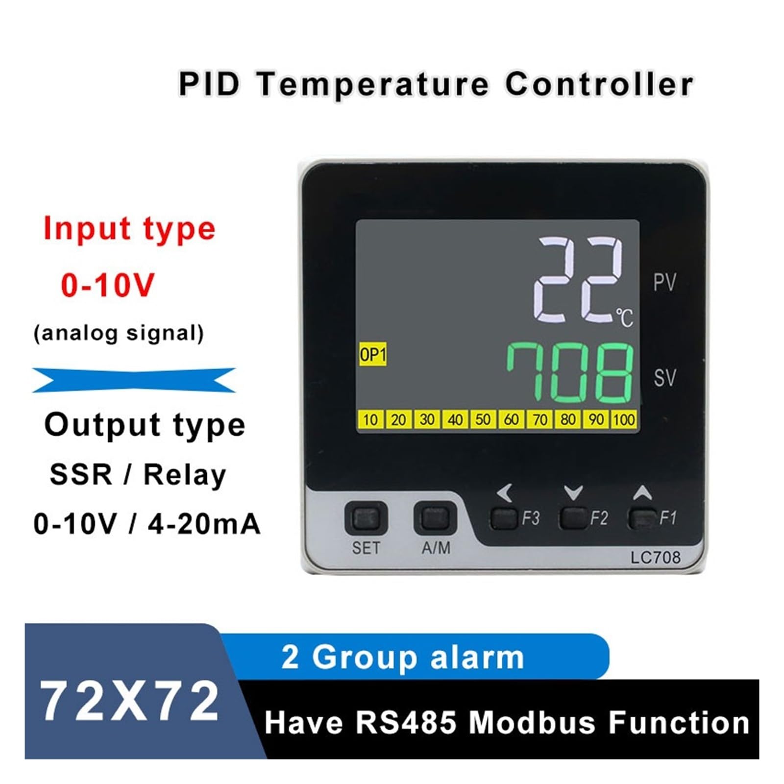 Controlador de temperatura, Controlador de temperatura digital PID, entrada 0-10 V, relé SSR, 4-20 mA, salida 0-10 V, RS485 Modbus, 72 x 72 mm, LC708(Ssr Out 2alarms)
