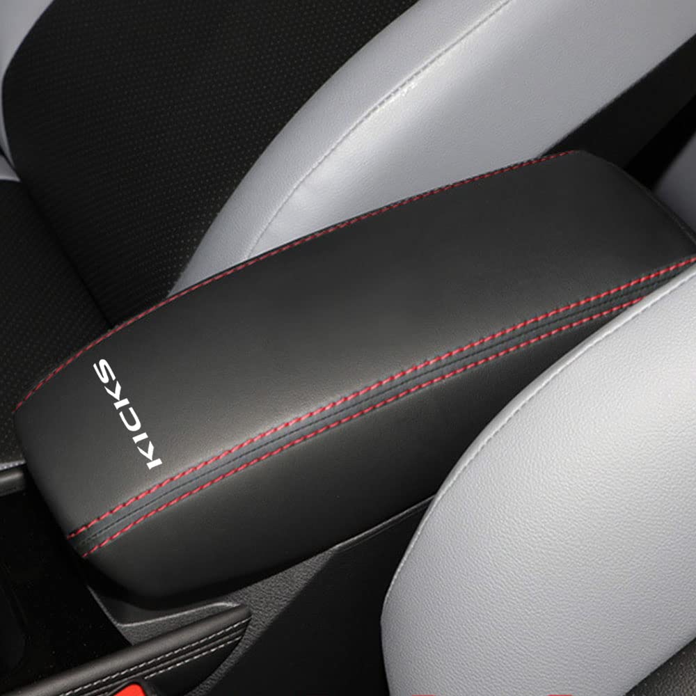 XITER 1PC Leather Center Console Cover Armrest Pad Protector Waterproof Anti-Scratch Armrest Box Cover for Nissan Kicks 2018 2019 2020 2021 2022 2023 2024 2025(Not Fit for S)-Red Stitches