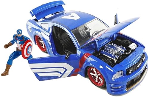 Jada Marvel 1:24 2006 Ford Mustang - Auto fundido a presión con figura del Capitán América de 2.75 pulgadas, juguetes para niños y adultos