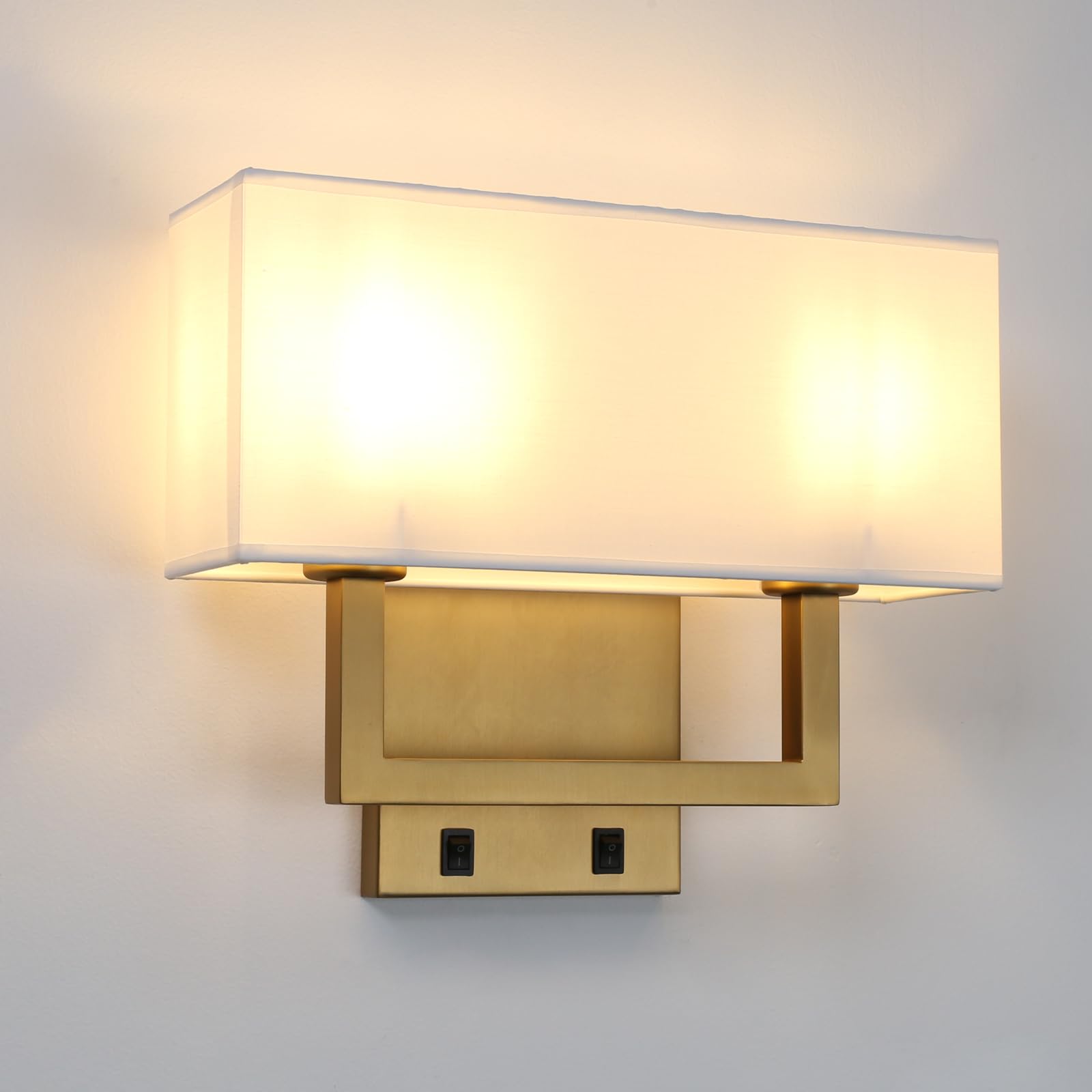 Permo Classic Double Sconce 2-Light Sconce Wall Light Fixture Nightstand Lamp with White Fabric Shade and On/Off Switch for Bedroom Bedside Reading Living Room