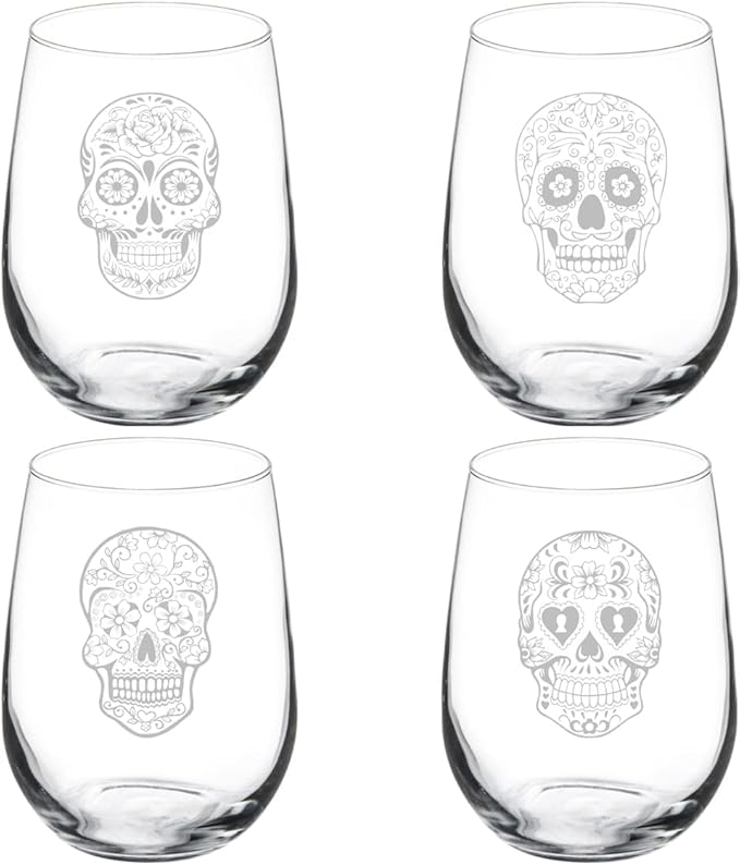 MIP Set of 4 Wine Glass Gift Goblet Sugar Skull Collection (17 oz Stemless)