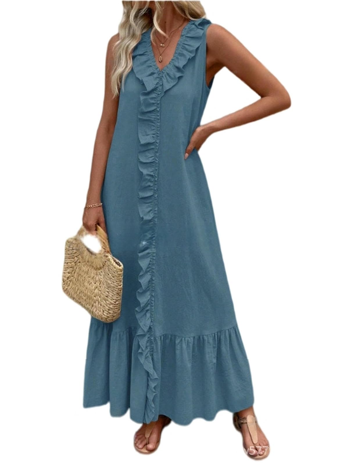 Vestito Maxi Abito Svasato con Scollo A V in Cotone E Lino Primavera Estate — Disponibile-Mare Blu-XL