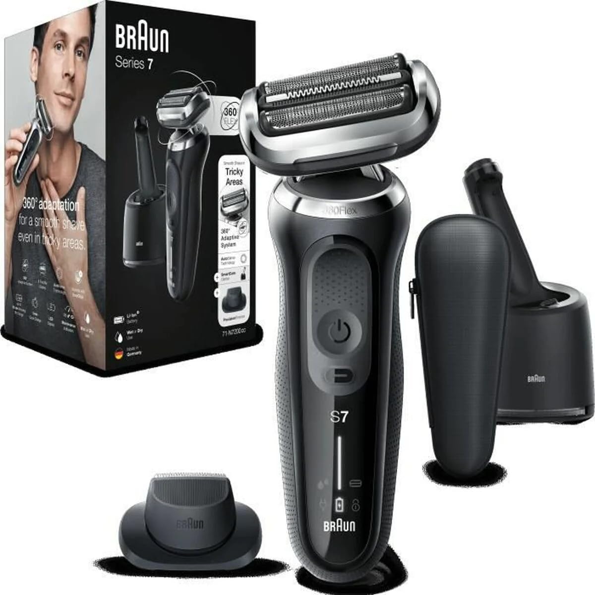 Braun Series 7 71-N7200cc Afeitadora Eléctrica 360° Flex, Uso en Seco y en Mojado, con Recortadora de Precisión, Centro de Limpieza SmartCare, Negro GreenCircle Certified: Certified Energy Savings