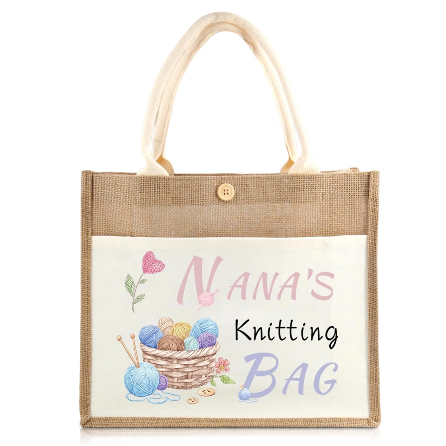 Wuneiox Mothers Day Gifts, Natural Jute Knitting Bag, Warm Quote Nana Shoulder Bag, Reusable Shopping Bag with Front Pocket, Nana gifts, Ideal for Mother’s Day Christmas Birthday