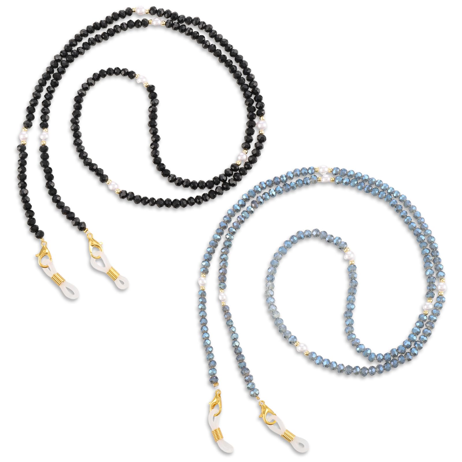 WLLHYF Cadenas de gafas para mujer, 2 piezas con cuentas para gafas de sol, correa de cordón para máscara, soporte alrededor del cuello, retenedor de gafas para lectura de sol para mujer, Negro/Azul,