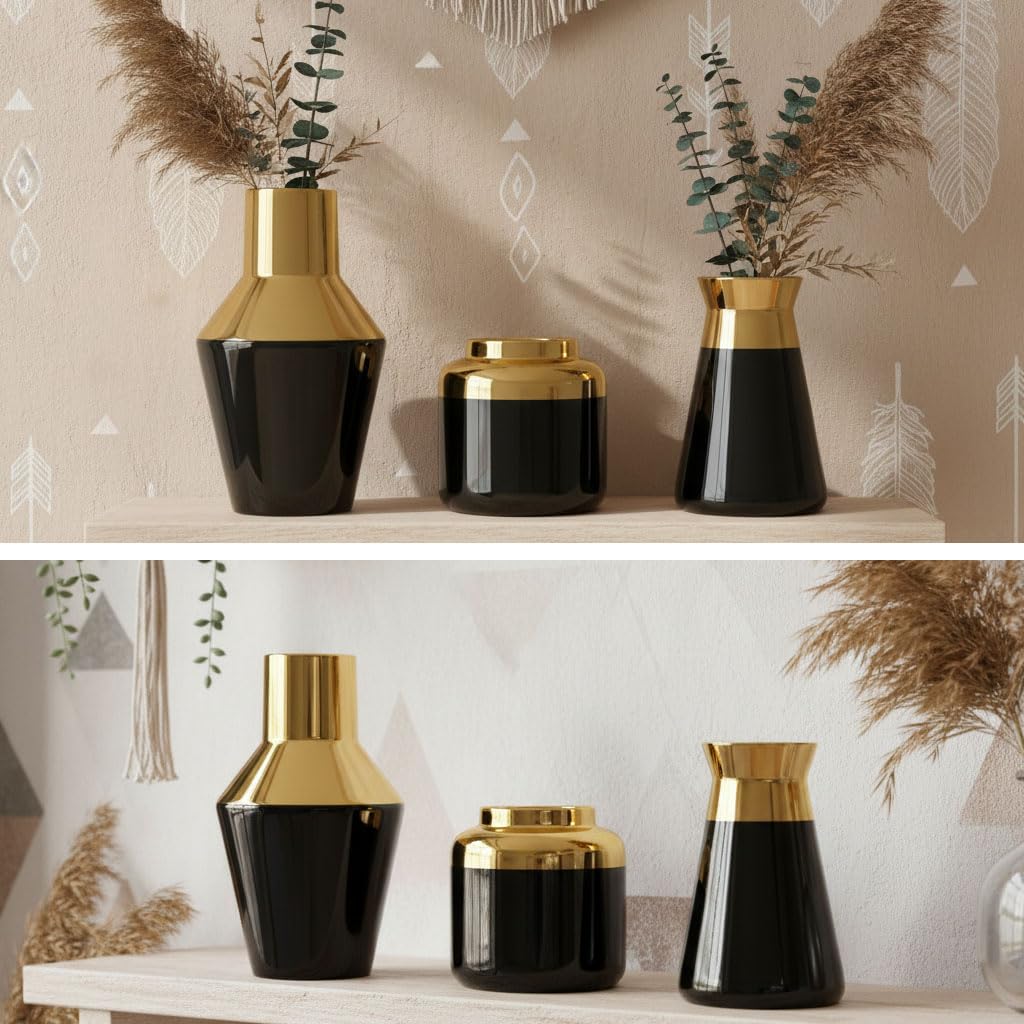 3-teiliges goldenes Vasen-Set für Moderne Wohnkultur – Keramik-Deko als Blickfang – Ästhetische Dekoration für Wohnzimmer, Kaminsims und Regal – wasserdichte (Schwarz)