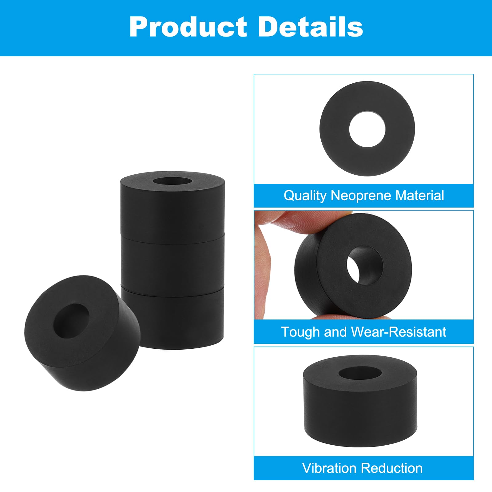 4 Pack Neoprene Rubber Washers - 1-1/2" OD, 3/8" ID, 1/2" Thick - Spacers, Gaskets, Seals