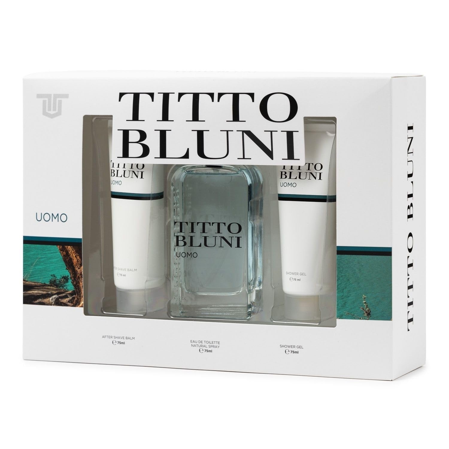 TITTO BLUNI - Uomo, Estuche de Regalo Hombre, Colonia 75 ml + After Shave 75 ml + Gel de Baño 75 ml, Eau de Toilette Masculina, Aroma Frutal Amaderado, Fragancia Fresca, Elegante y de Larga Duración