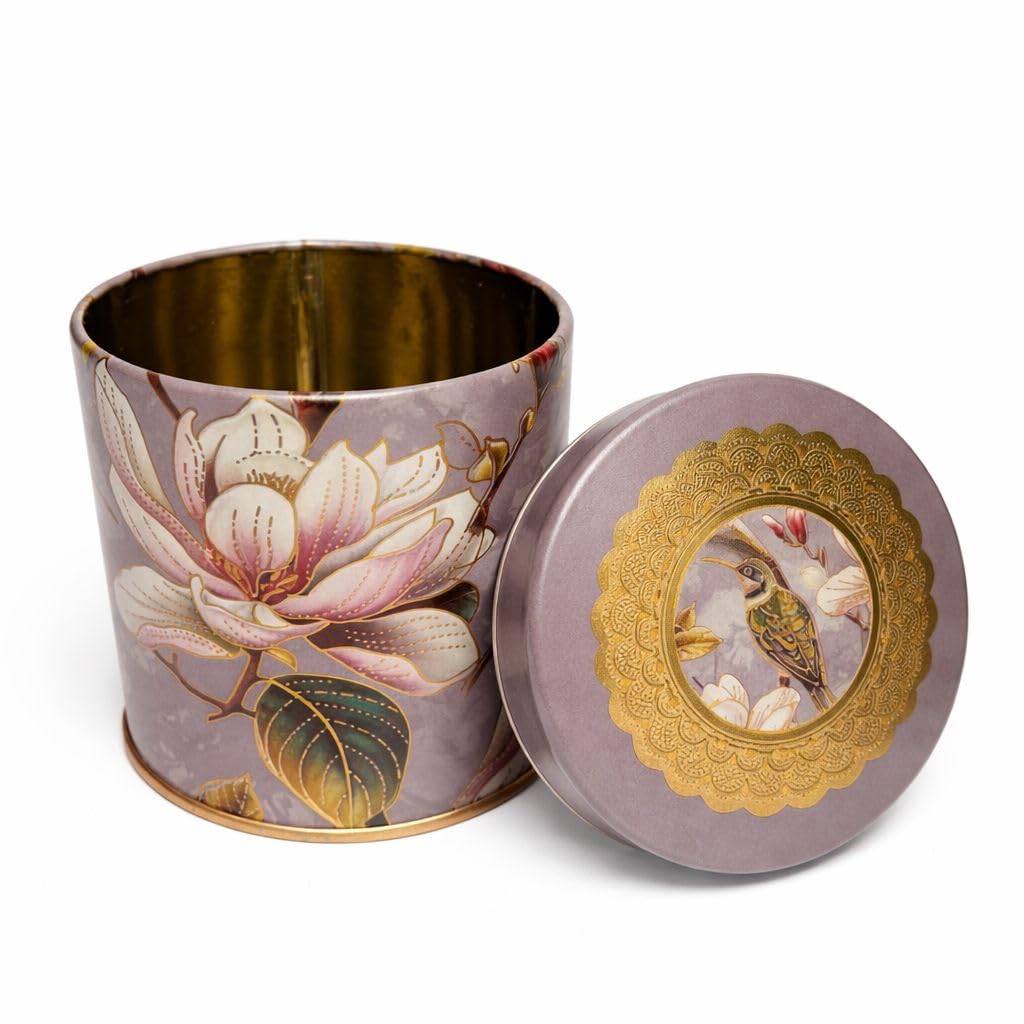 Decorative Metal Tin Container with Lid, Floral Bird Design, Gold Accents, Purple, Storage Canister-image-36