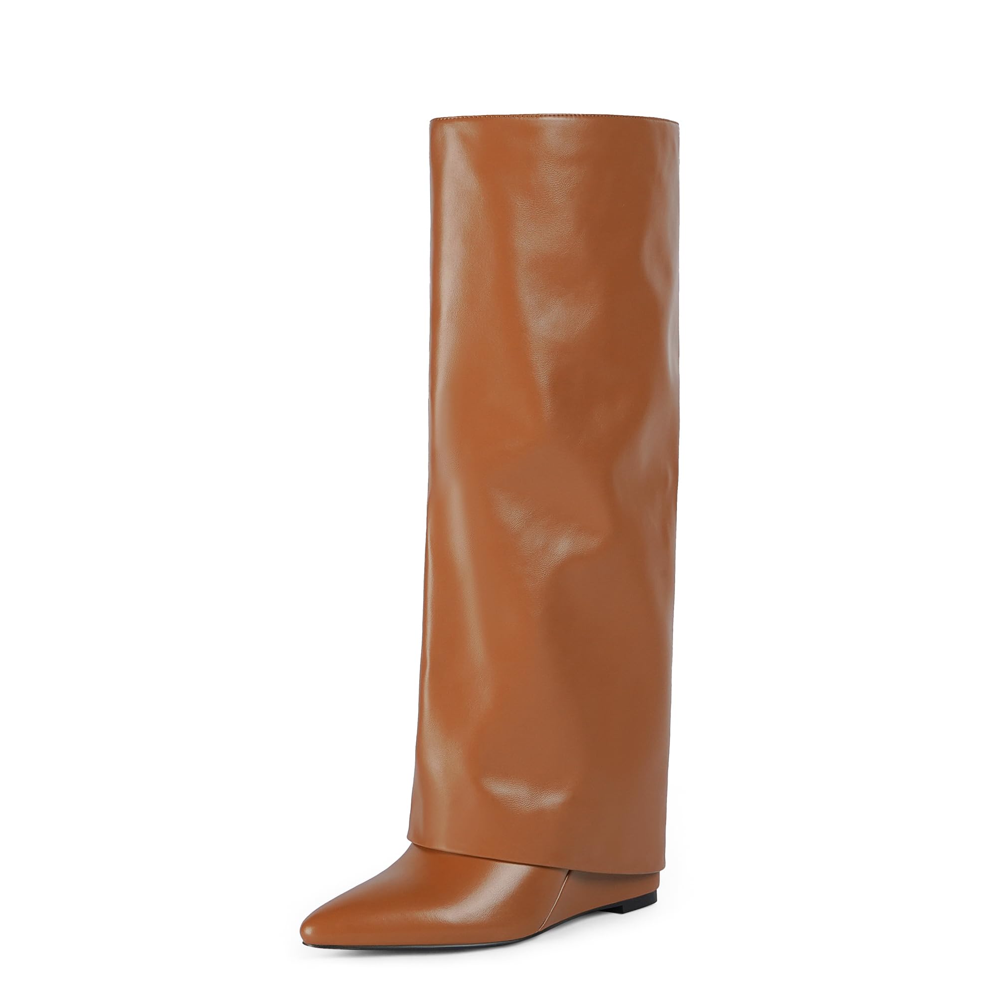 Modatope Knee High Boots Women Fold Over Boots Wedge Heel Slouchy Tall Boots Zipper Pointed Toe Dress Fall