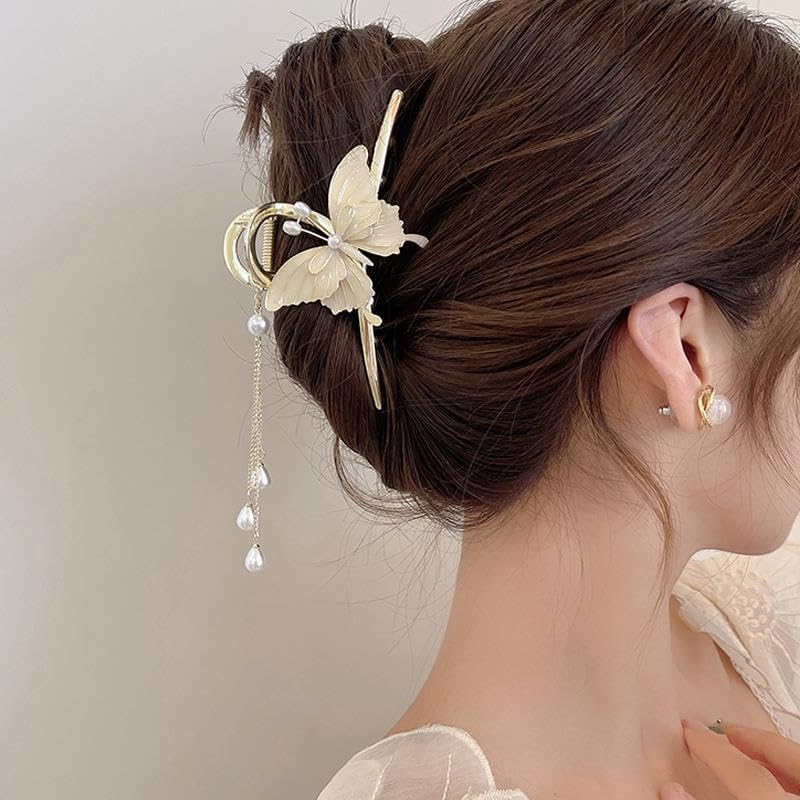 E EMZHOLE Butterfly Hair Claw Clips Butterfly Metal Nonslip Gold Pearl Tassel Hair Clamps Butterfly Hair Catch Clip Hair Accessories for Women and Thinner Thick Hair Styling Fashion Hair Supplies