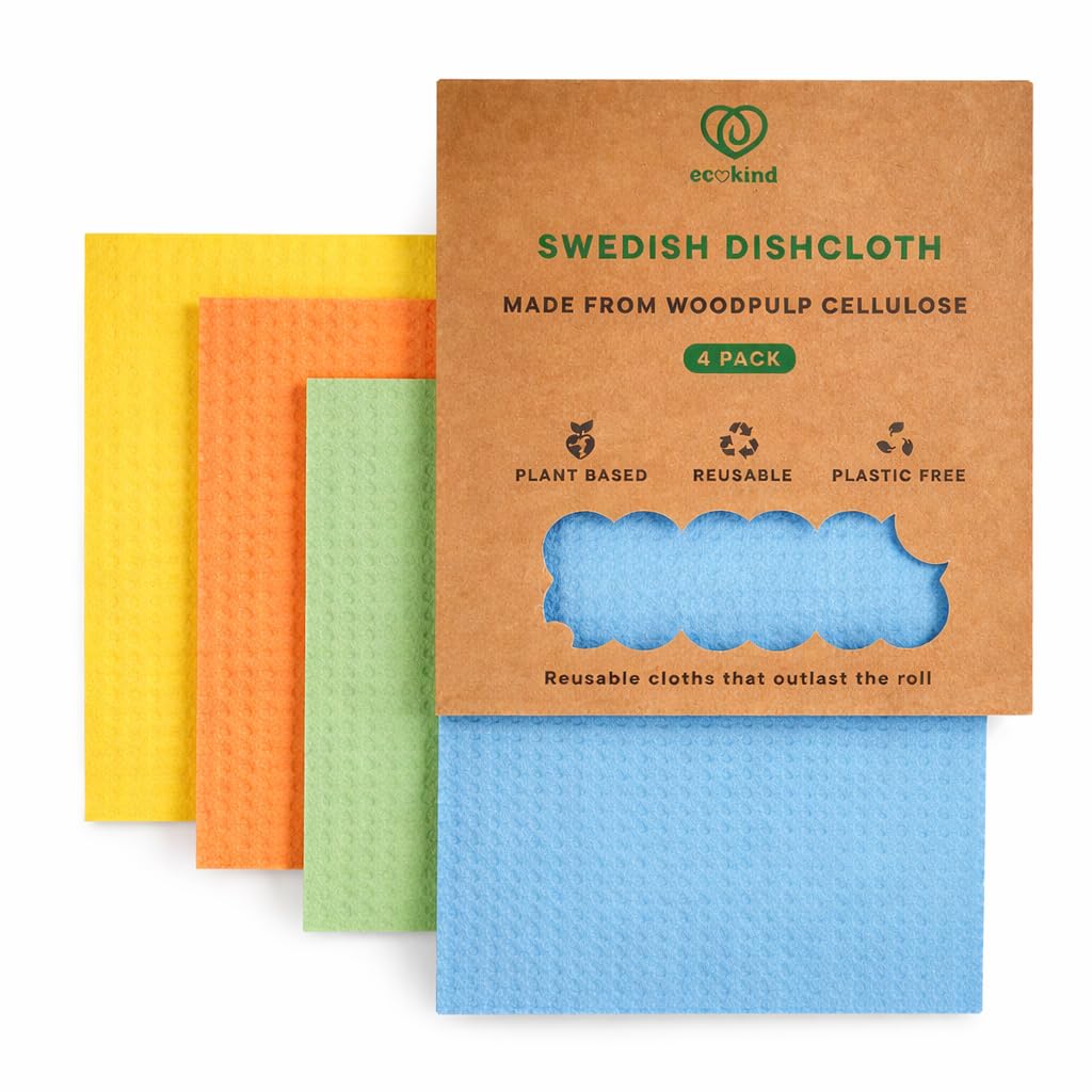 ECOKIND | 4 Pack Swedish Dish Cloths | Reusable Cleaning Cloth for Washing Up | Eco-Friendly & Plastic Free |Suitable for Any Surface | Multi-Purpose