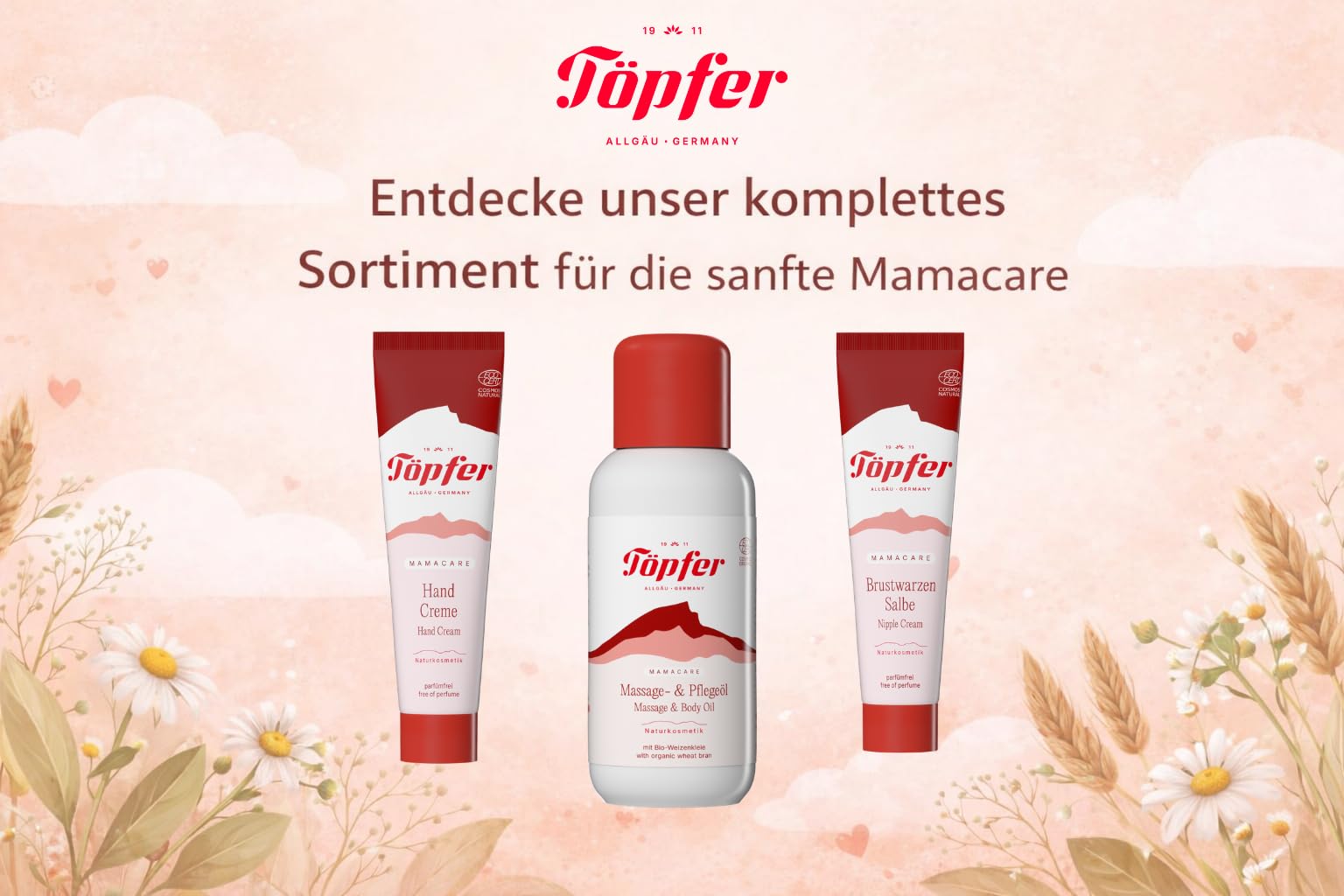 Töpfer Mamacare Brustwarzensalbe – pflegende Creme für die Stillzeit – mit Bio-Ringelblume – ohne Lanolin & parfümfrei – 6x25ml