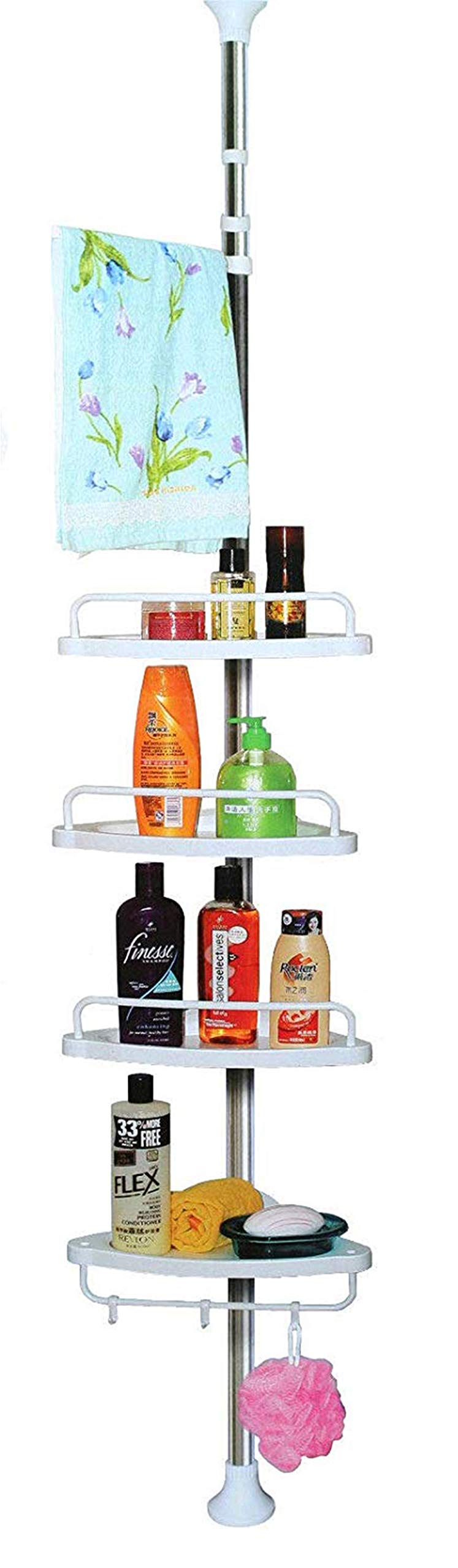 PIN FAMILY Bathroom Corner Rack, Caddy, Stand 4 Tier Telescopic Adjustable Organiser, white-steel, 30592