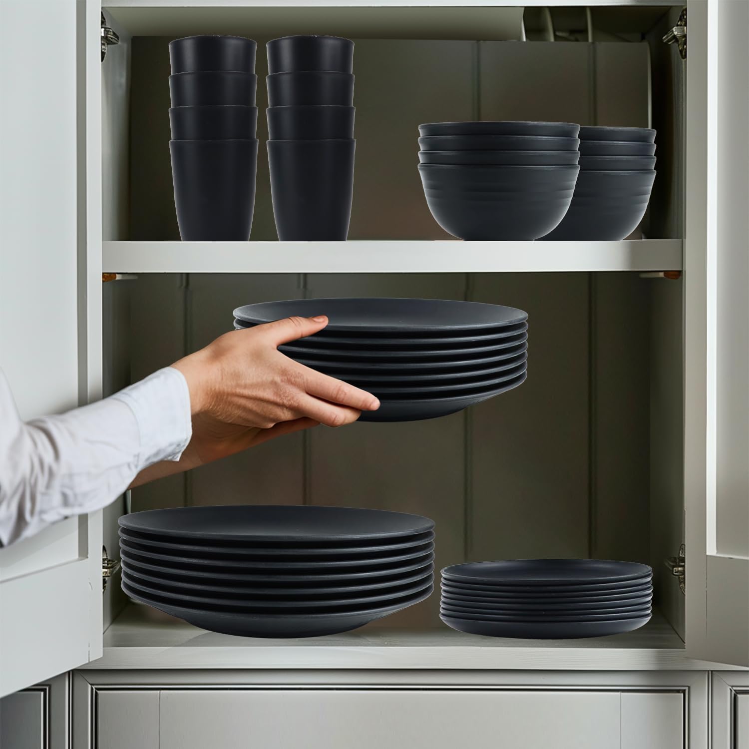 Wrova Wheat Straw Dinnerware Set of 40 Pieces - 10" & 9" Plates, 6" Snack Plates, 26oz & 12oz Bowls & Cups - Unbreakable, Microwave & Dishwasher Safe - Black