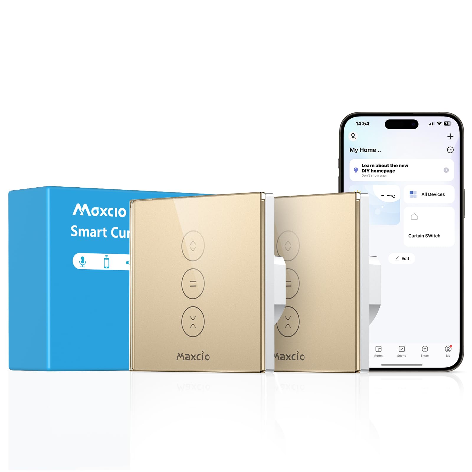 Interruptor Persiana Wifi Maxcio Compatible Con Alexa y Google Home, Dorado Interruptor Inteligente Persiana con Temporizador y Control por Voz, Requiere Cable Neutro (2 Packs)