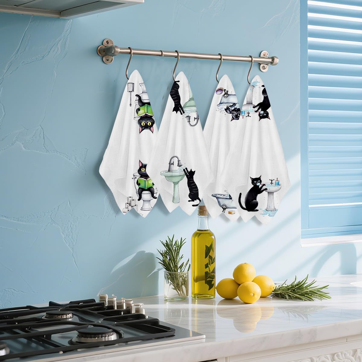 Hanamiya Na 4 Pcs Funny Cat Hand Towel for Bathroom 24x14 Inch, Funny Absorbent Microfiber Dish Cloth Towel, Waffle Weave Hand Towels for Toilet Home Cats Bathroom Decor, Cat Lover Gifts - Image 5