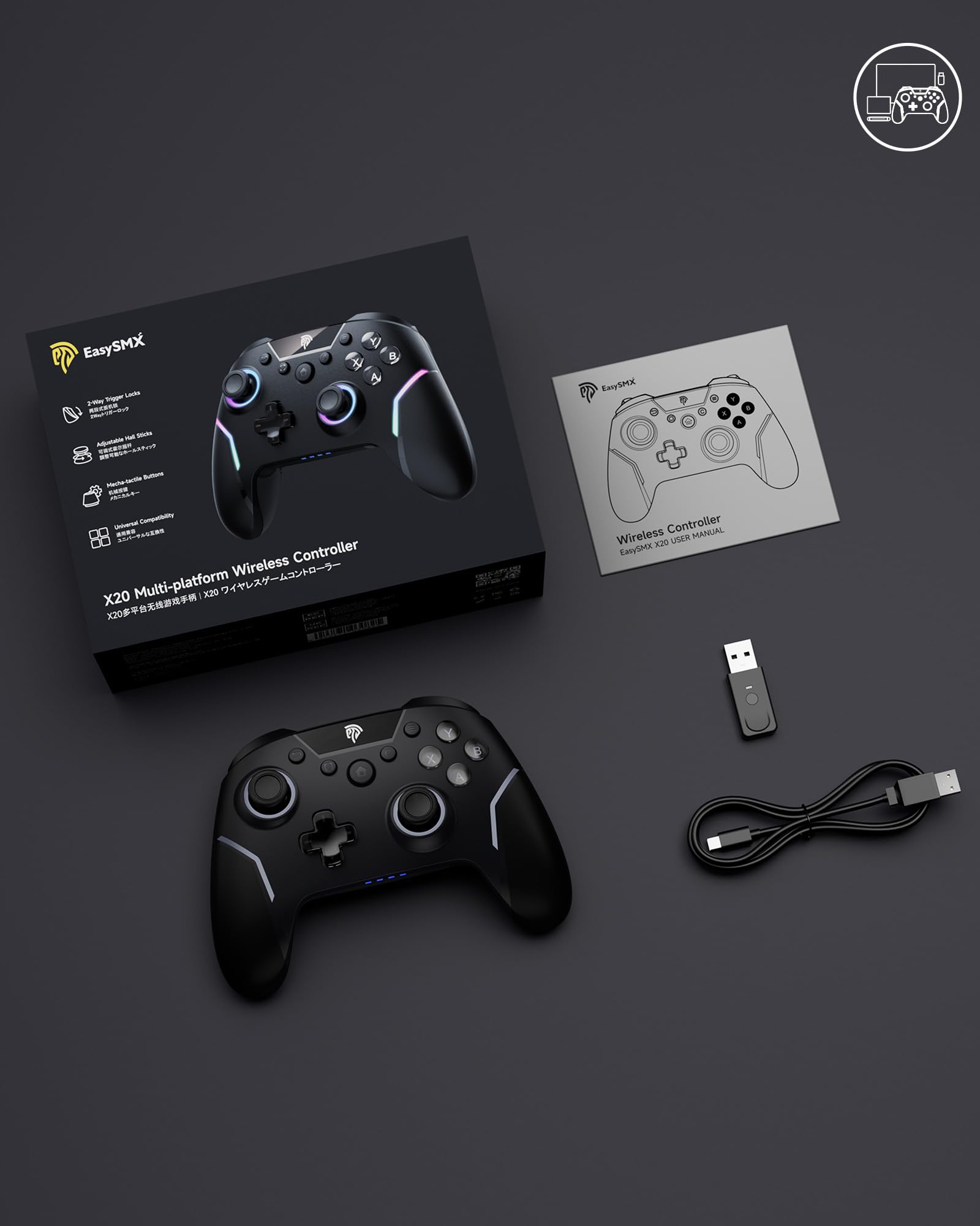 EasySMX X20 bezprzewodowy kontroler PC z RGB, Trigger Hall 2 w 1, zdejmowany joystick hall, mechaniczne przyciski - akumulator 1000 mAh, kompatybilny z komputerem / przełącznikiem/telefonem komórkowym