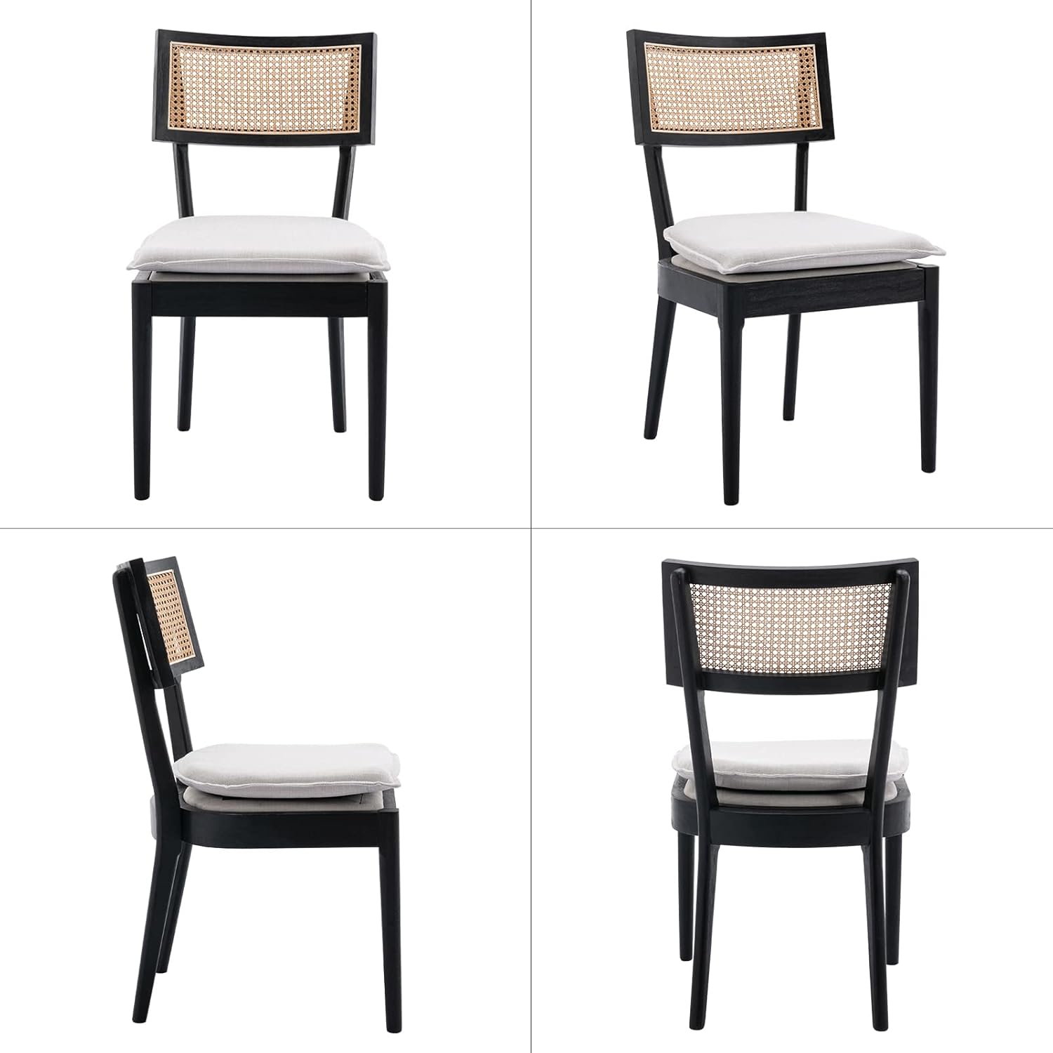 Rattan Farmhouse Dining Chairs Set of 2, Linen French Country Dining Chairs with Hollow Back, Double Upholstered Dining Room Chairs Rustic Kitchen Chairs with Wood Frame for Living Room, Black