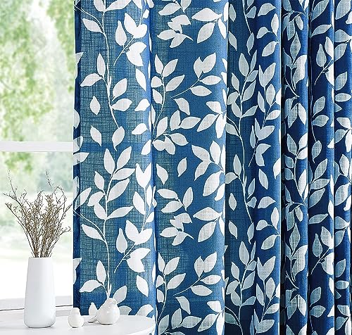 Image of Treatmentex Navy and White Curtains for Bedroom 63 inch Length Leaf Print Curtains for Windows Semi-Sheers, Royal Blue Grommet Top, 2 Pack