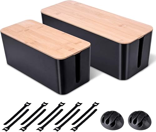 Miniatura 1 de Paquete de 2 cajas grandes para organizar cables, caja organizadora de cables de estilo madera y cubierta para cables de TV, computadora, enrutador,