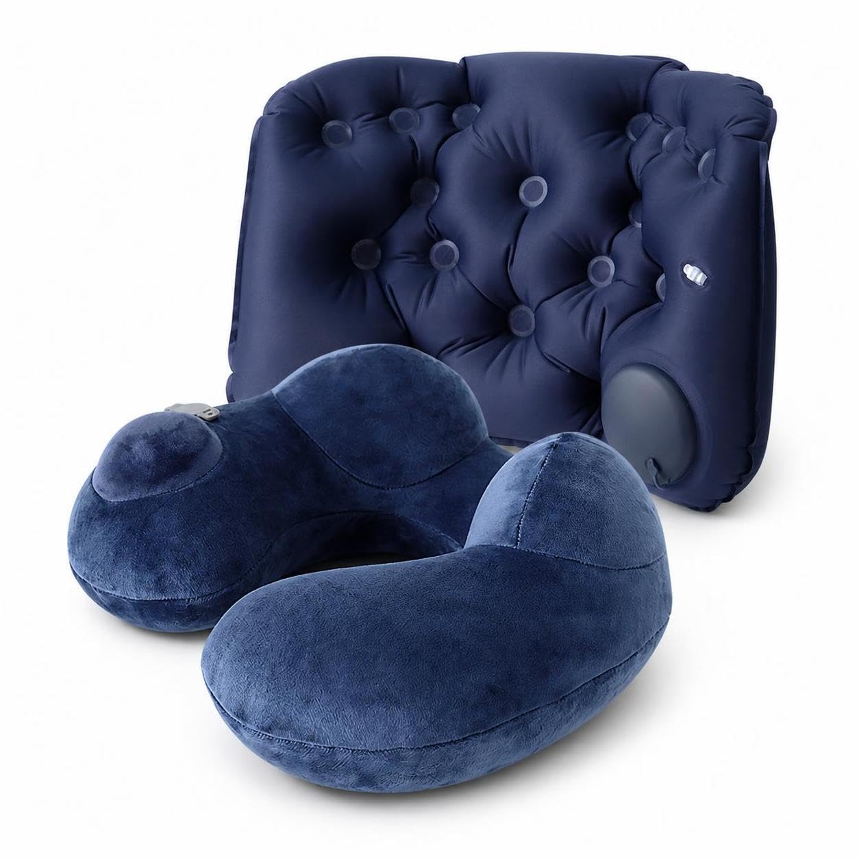 Almohada Viaje Inflable en Forma U, cojín Cervical portátil para avión y Coche, Cojín Lumbar Inflable a presión + Almohada Cervical en Forma de U de Joroba Lavable, Azul Marino